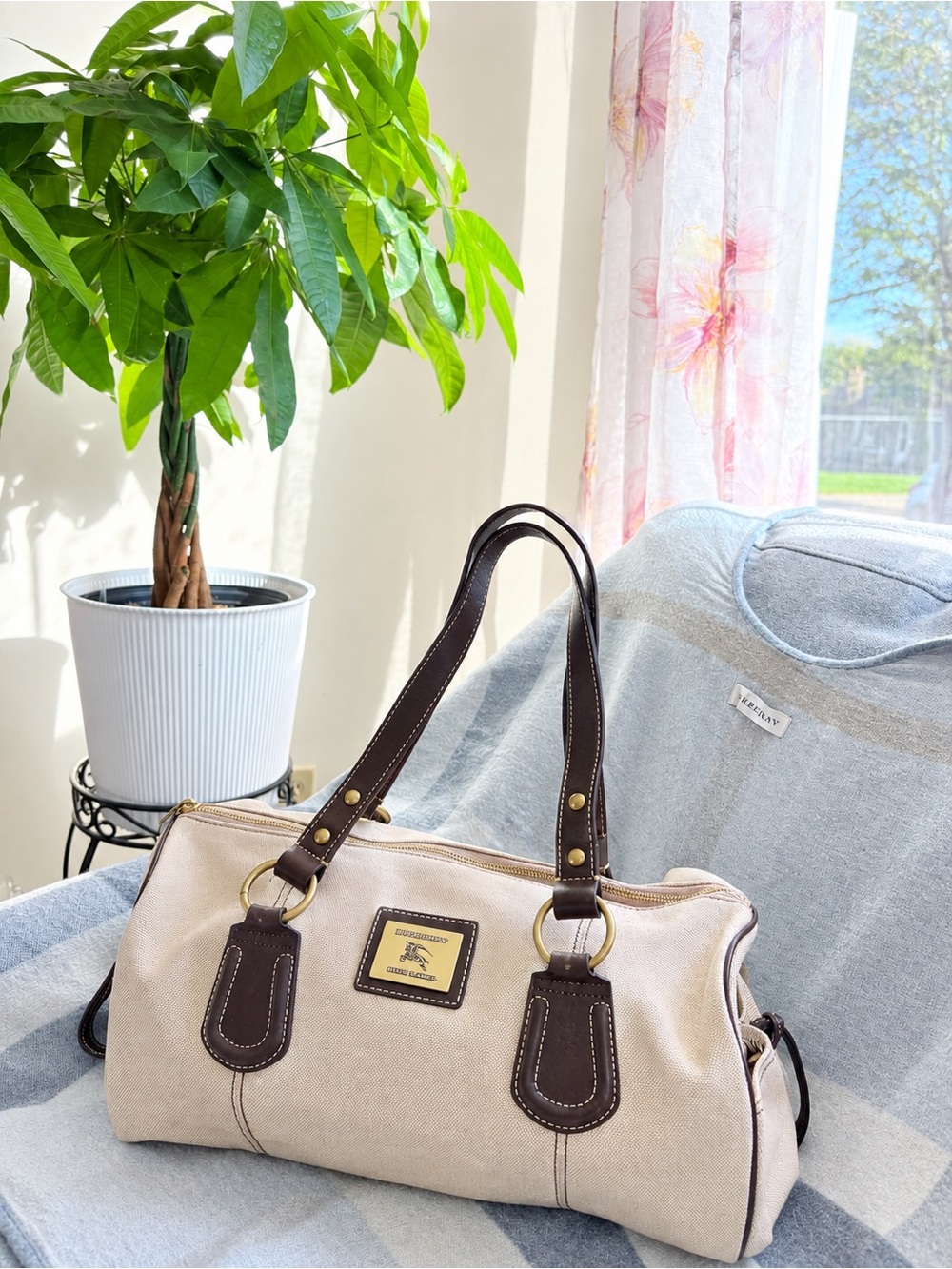 Burberry Beige Canvas Shoulder Bag with Dark Brown Leather Trim